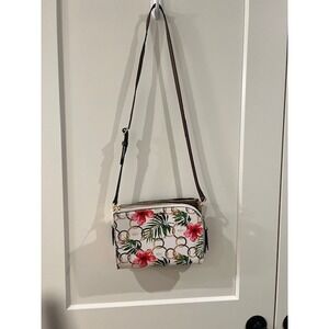 Nine West Tropical Floral Monogram Crossbody Bag White Brown Gold Hibiscus Print